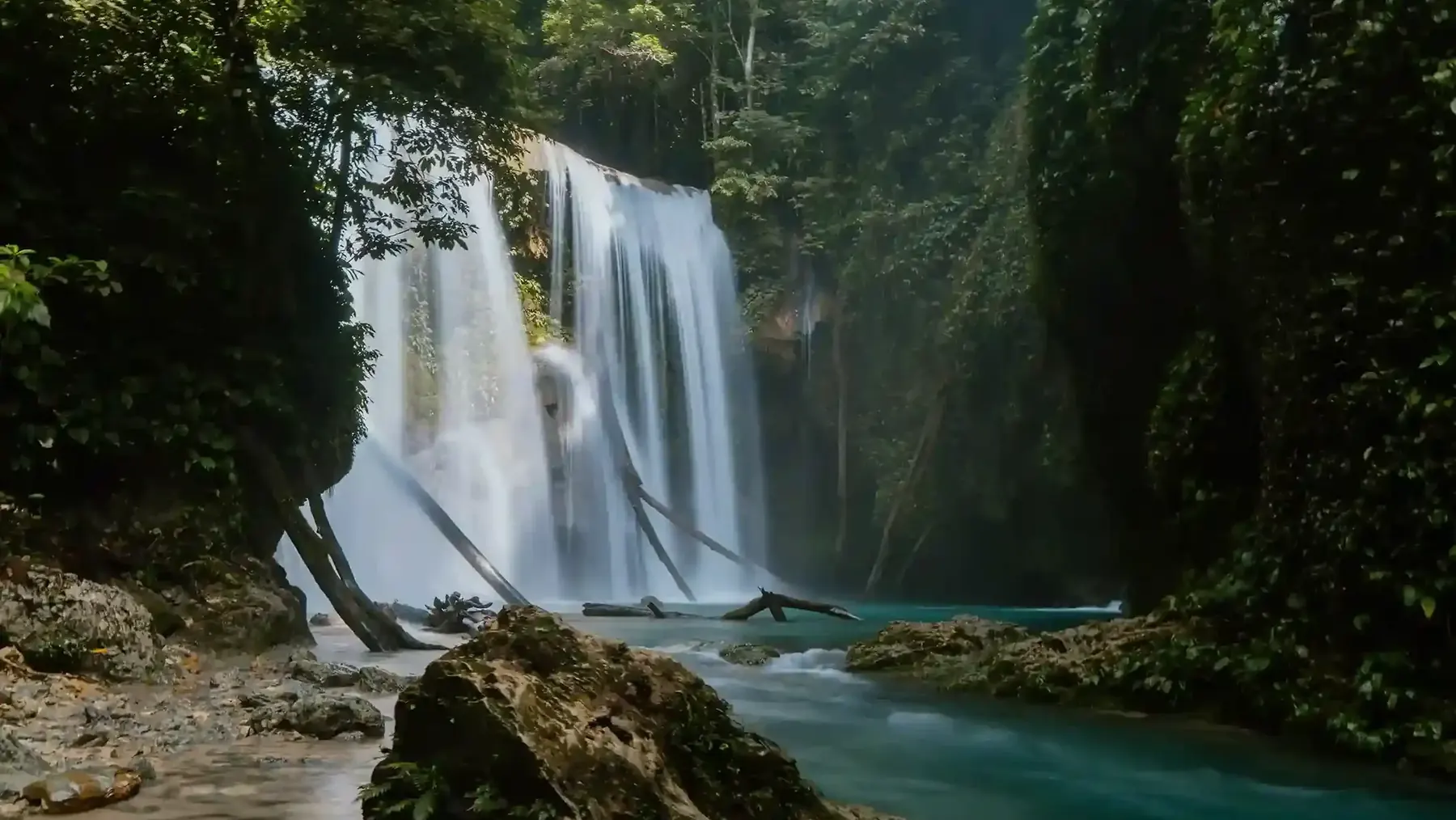 Waterfall dropping into a turquoise pool in the rainforest