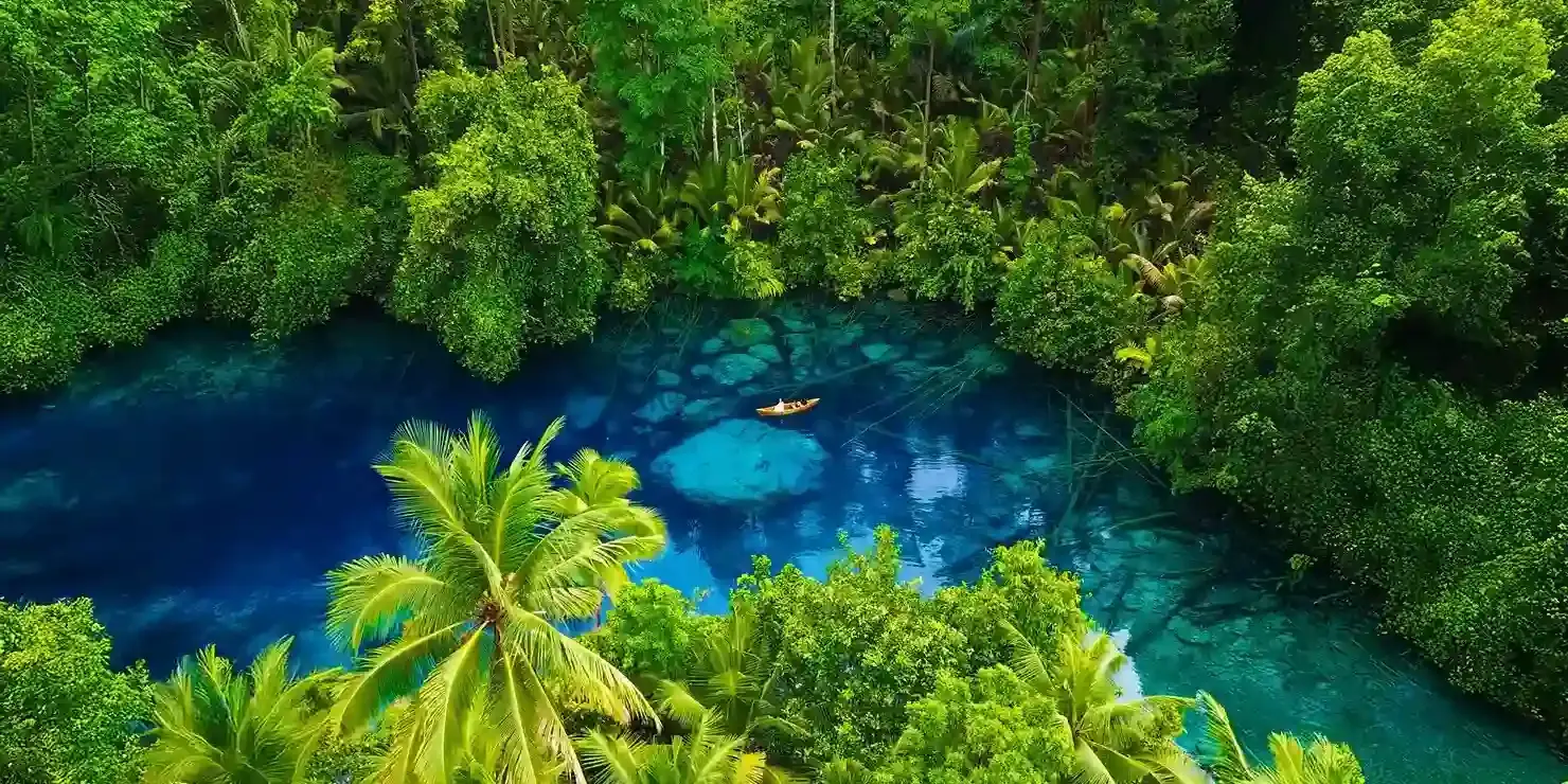 Aerial view of a kayaker on a deep-blue jungle lake