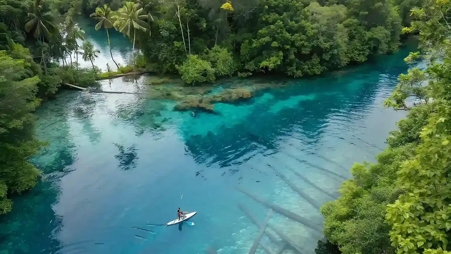 Paddleboarder on clear turquoise lake water beneath the jungle canopy