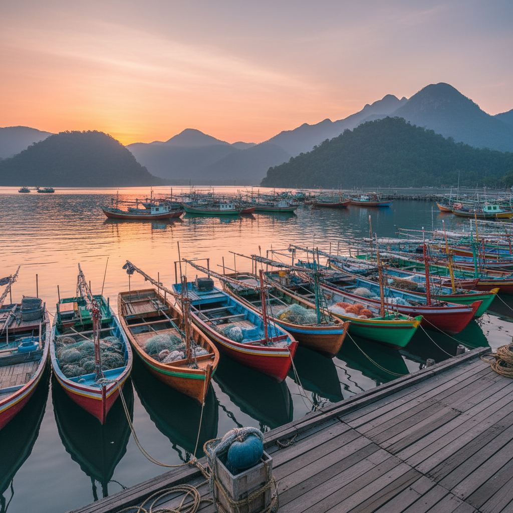Luwuk harbor traditional fishing boats dawn