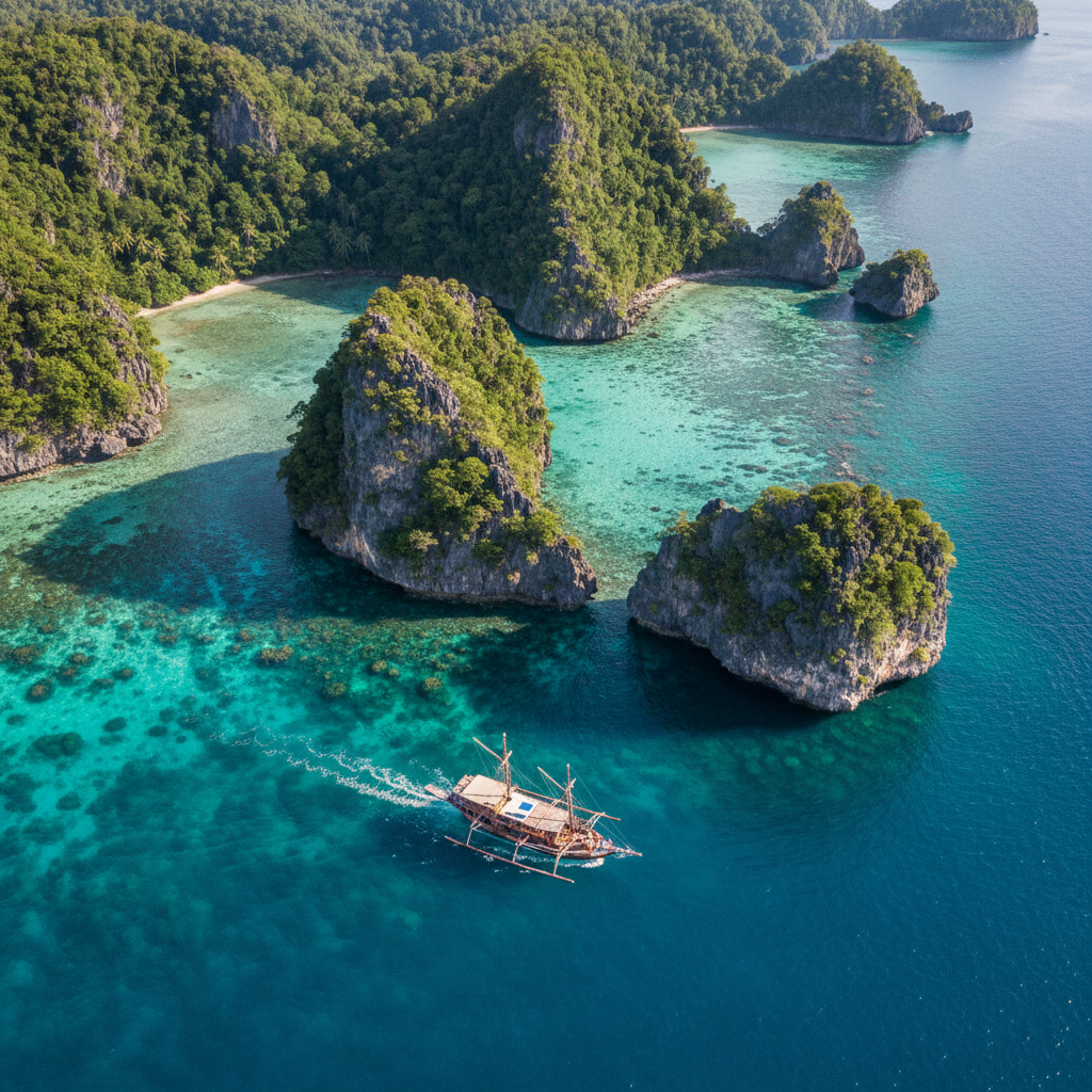 Aerial Banggai archipelago Sulawesi limestone islands